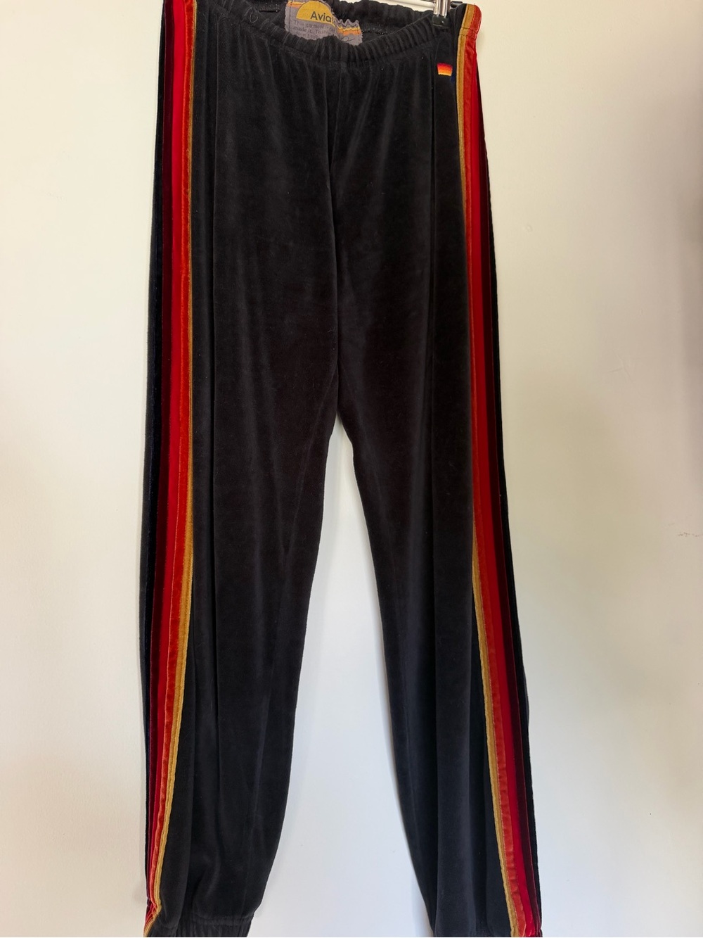 Aviator Nation Women’s Black Velour Track Pants with Red & Gold Side Stripes XL